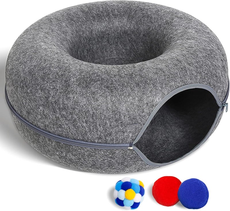 PLIISLUP Large Cat Tunnel Bed for Indoor Cats with 3 Toys, Scratch Resistant Donut Cat Bed, Up to 30 Lbs (L 24x24x11, Dark Grey) - Image 1